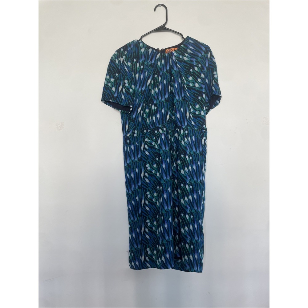 Tory Burch 100% Silk Dress 14 Blue Green Watercolor Knee Length Career Lined EUC